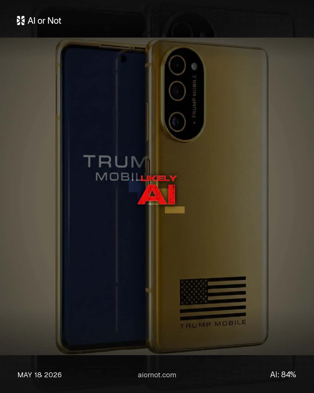AI or Not detection report on the gold T1 promotional render