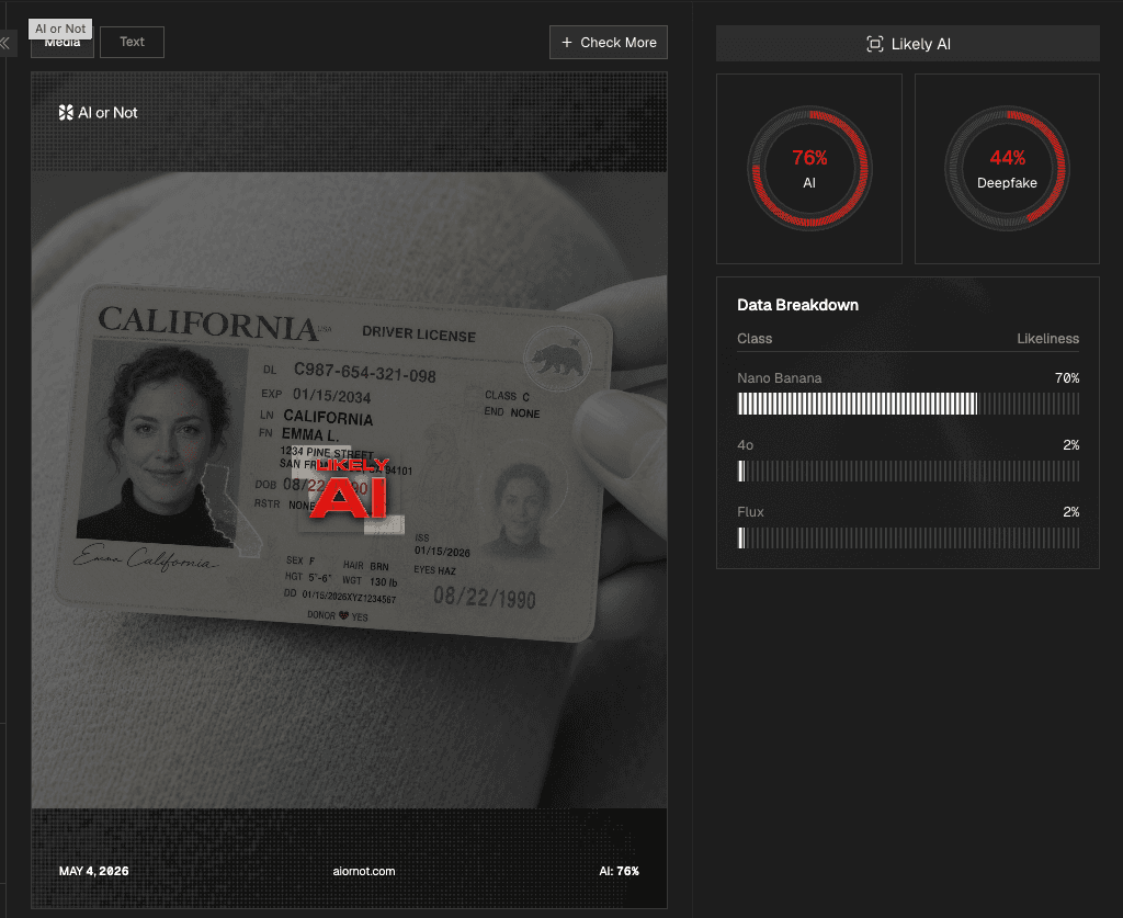 AI or Not detection report flagging the California driver's license as AI-generated