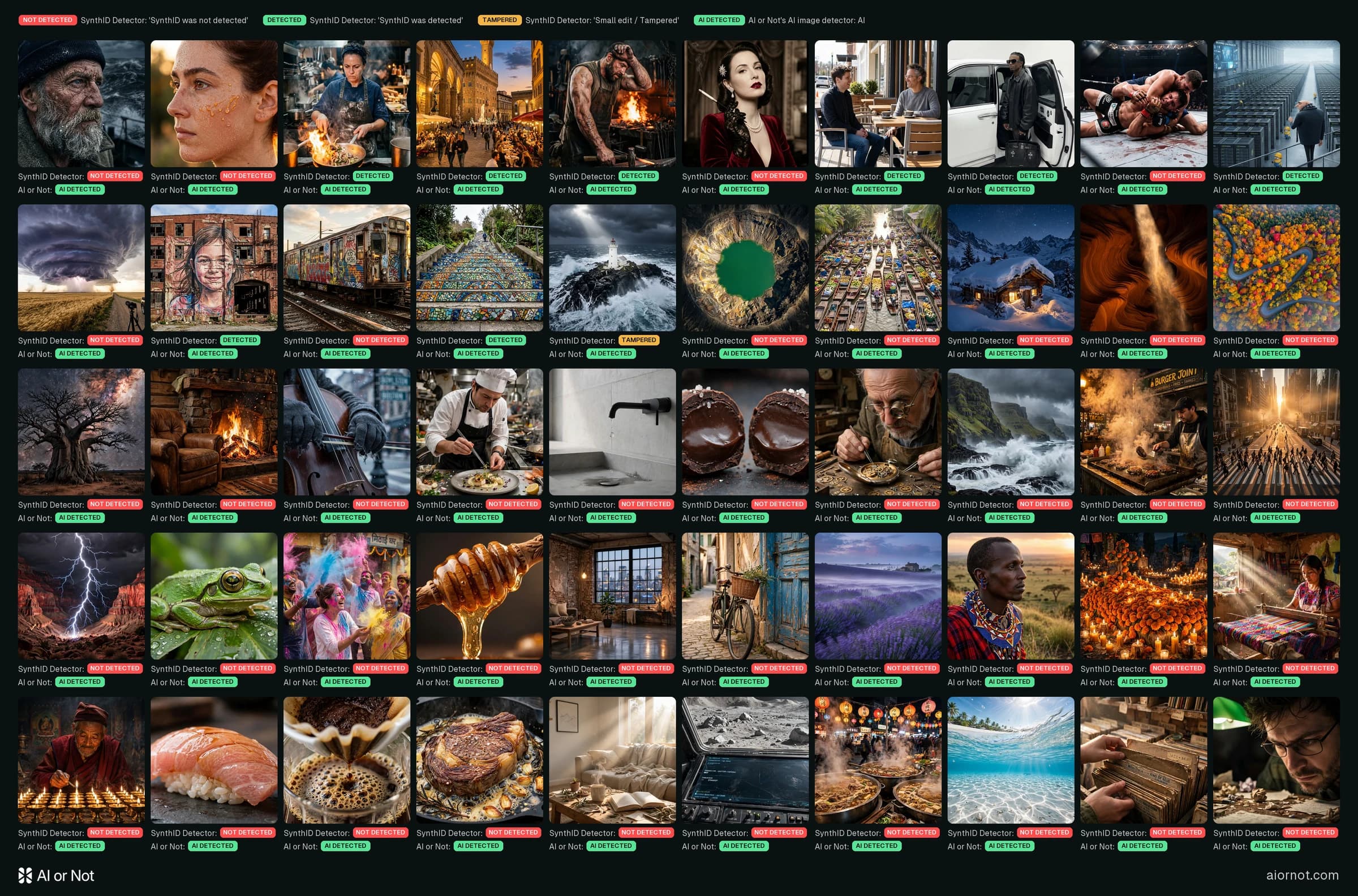 Every image in the test set with SynthID removed, labelled with the SynthID Detector verdict from synthid.com and AI or Not's AI image detector verdict