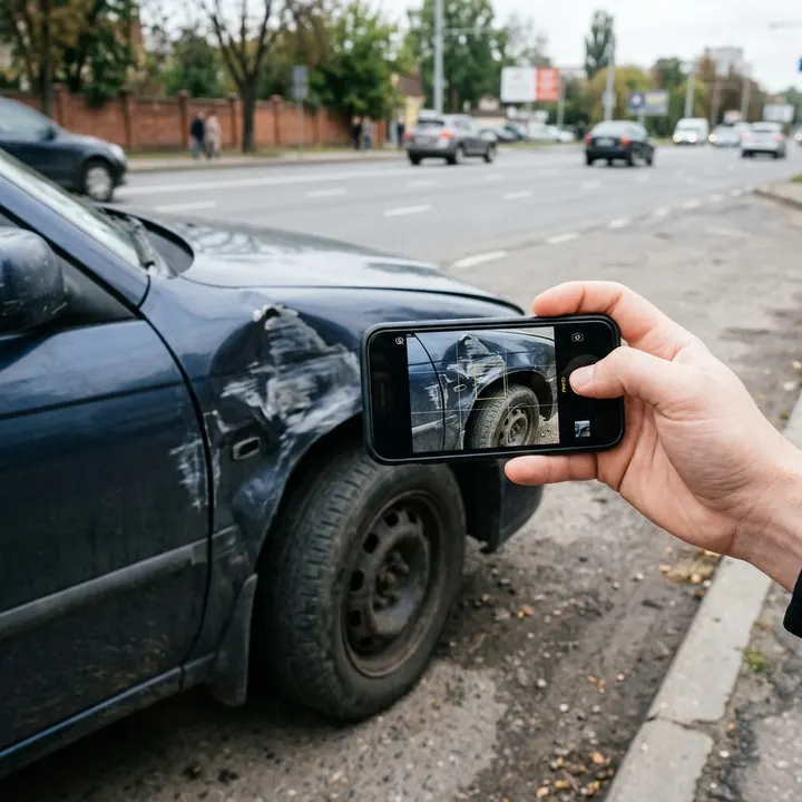 AI-generated photo of a phone being used to capture vehicle damage at the roadside for a claim submission