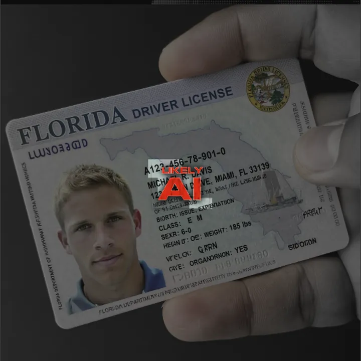 AI or Not flagging an AI-generated Florida driver licence as 99% AI, with the garbled text typical of a synthetic ID