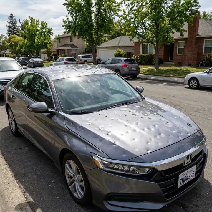 AI-generated photo of a car with hail damage across the bonnet and roof, the kind of contested evidence submitted with a disputed claim