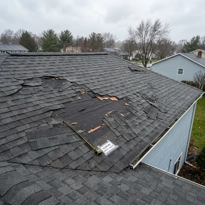AI-generated photo of storm-damaged roof shingles with a garbled claim reference card, a common AI artifact